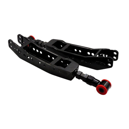 BLOX Racing rear lower control arms for 86, FR-S, BRZ, WRX, and STI, shown mounted on a vehicle suspension system.