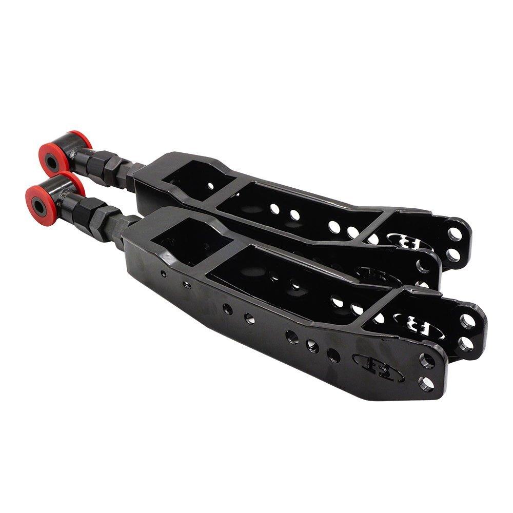 BLOX Racing rear lower control arms for Toyota 86, Scion FR-S, Subaru BRZ, WRX, and STi suspension upgrade.