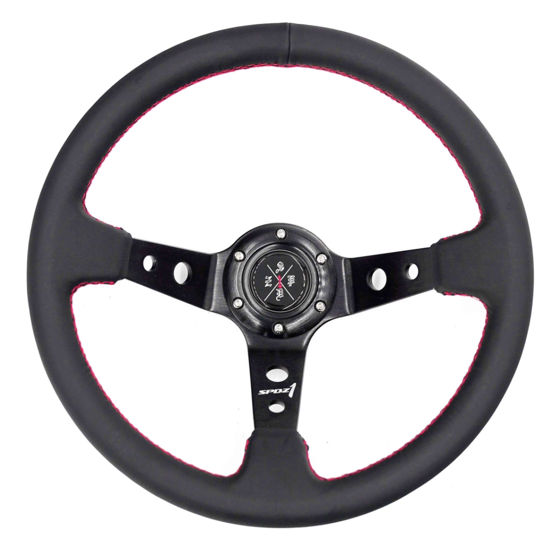 Red lined steering wheel by Speedzone Performance LLC, featuring a sleek design and ergonomic grip for racing and car enthusiasts.