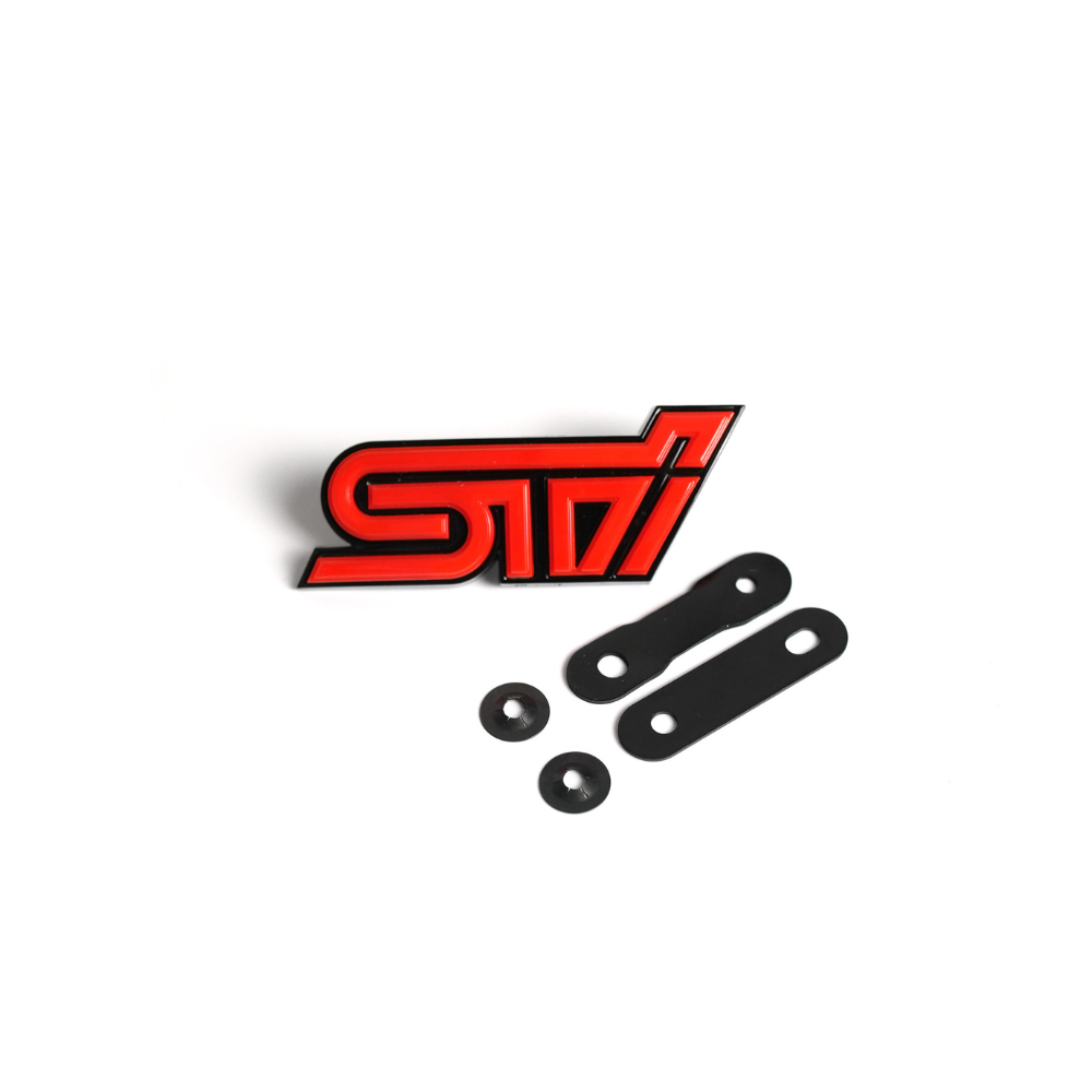 Red JDMuscle Racing Art STI grille emblem with multiple color options, suitable for universal vehicle decoration and emblems.