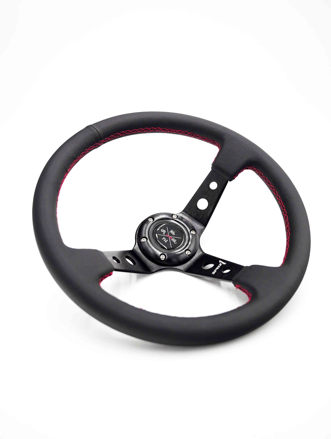Red lined Speedzone Performance LLC SPDZ1 steering wheel with a sleek red design and ergonomic grip for racing or driving enthusiasts.