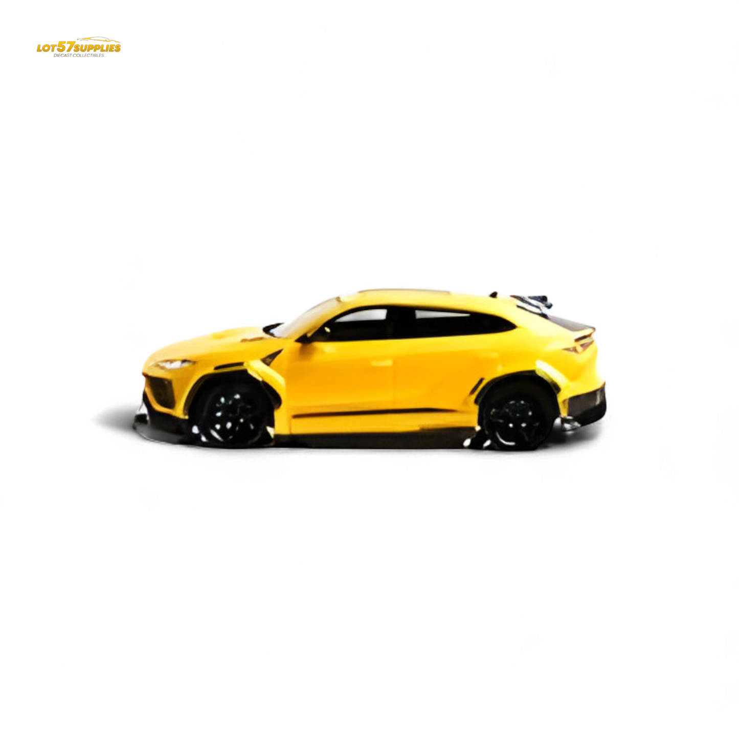 Yellow Lamborghini Urus LBWK diecast model in 1:64 scale with detailed exterior, showcasing vibrant Giallo Auge color.