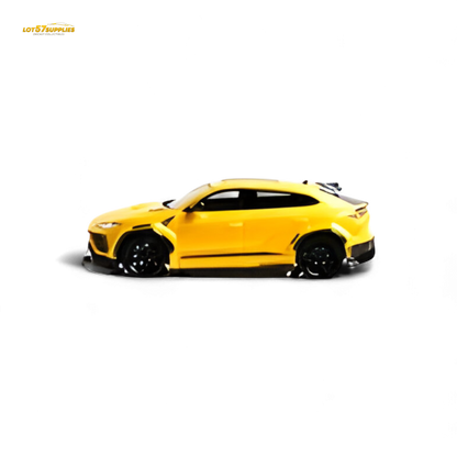 Yellow Lamborghini Urus LBWK diecast model in 1:64 scale with detailed exterior, showcasing vibrant Giallo Auge color.
