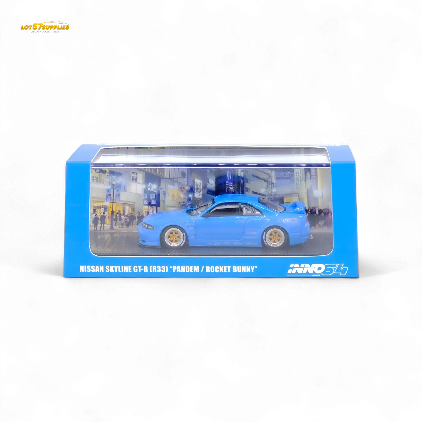 Blue 1:64 scale Inno64 Nissan Skyline GT-R R33 Pandem Rocket Bunny diecast car, detailed model with vibrant blue finish.