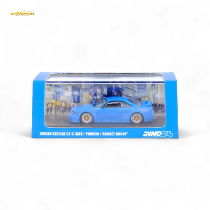 Blue 1:64 scale Inno64 Nissan Skyline GT-R R33 Pandem Rocket Bunny diecast car, detailed model with vibrant blue finish.