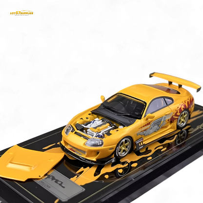 Diecast Toyota Supra JZA80 model by Lot57Supplies, tribute to Paul Walker, 1:64 scale, detailed replica in vibrant colors.