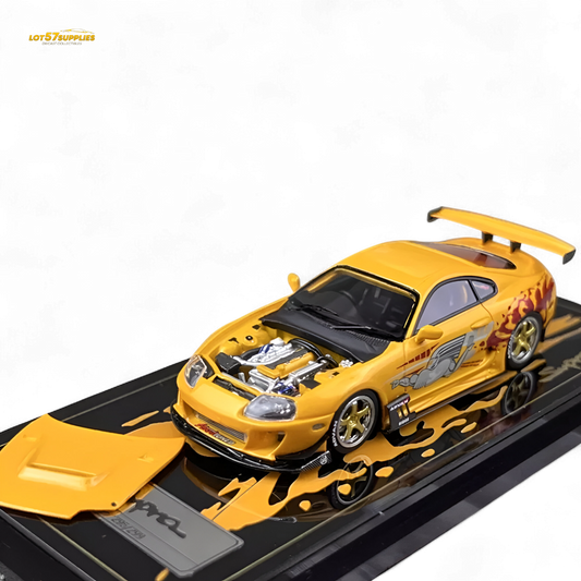 Diecast Toyota Supra JZA80 model by Lot57Supplies, tribute to Paul Walker, 1:64 scale, detailed replica in vibrant colors.