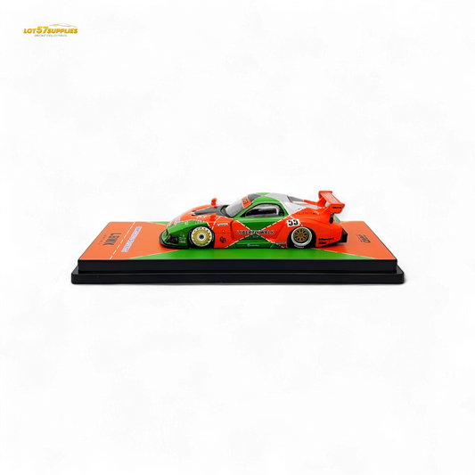 Orange and green Inno64 Mazda RX-7 LBWK diecast model in 1:64 scale with detailed exterior features.