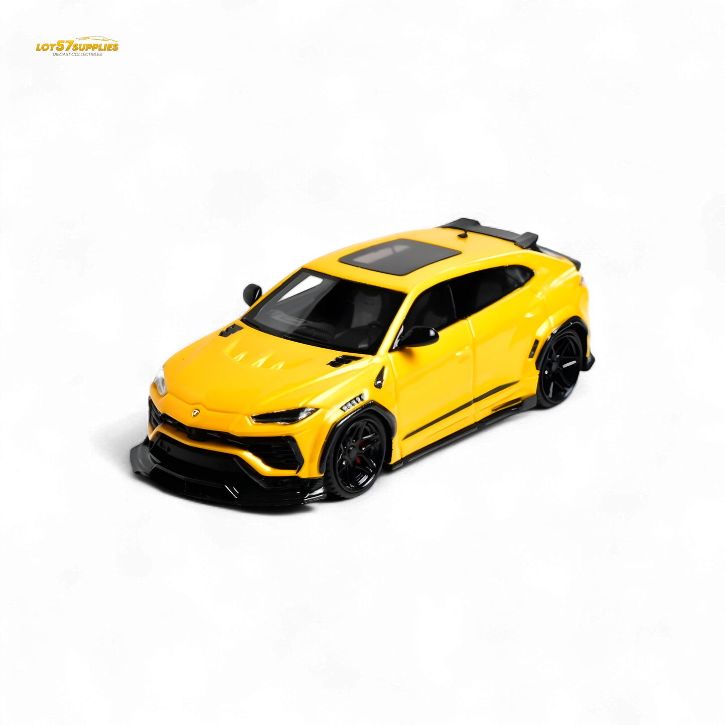Yellow Lamborghini Urus LBWK diecast model in 1:64 scale, detailed exterior with vibrant Giallo Auge color and realistic features.