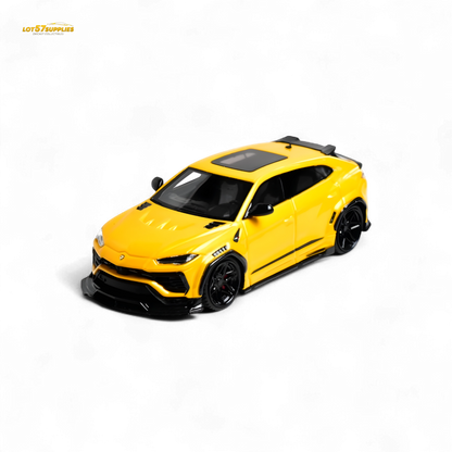 Yellow Lamborghini Urus LBWK diecast model in 1:64 scale, detailed exterior with vibrant Giallo Auge color and realistic features.