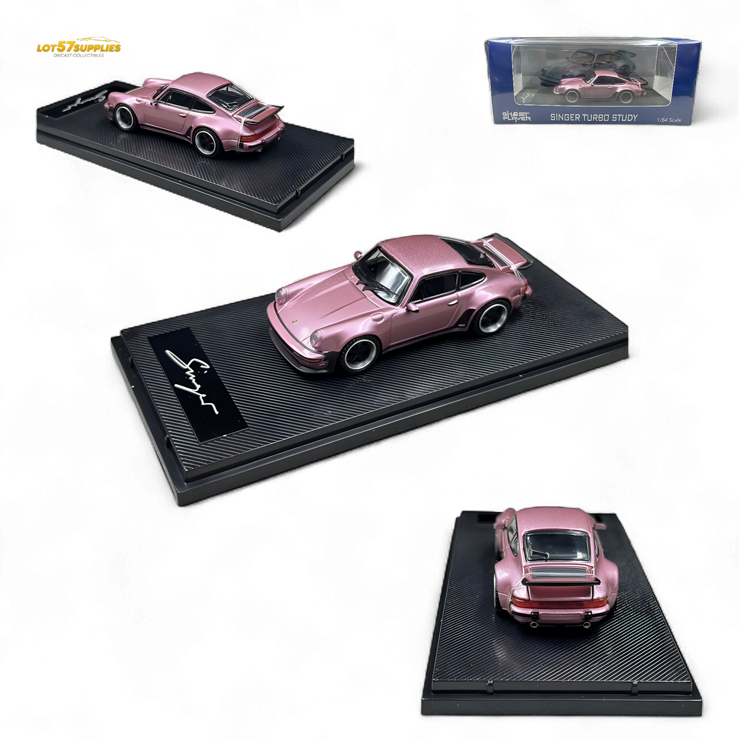 Pink Porsche 930 Singer diecast model by HobbyFans, detailed 1:64 scale collectible car with vibrant finish.