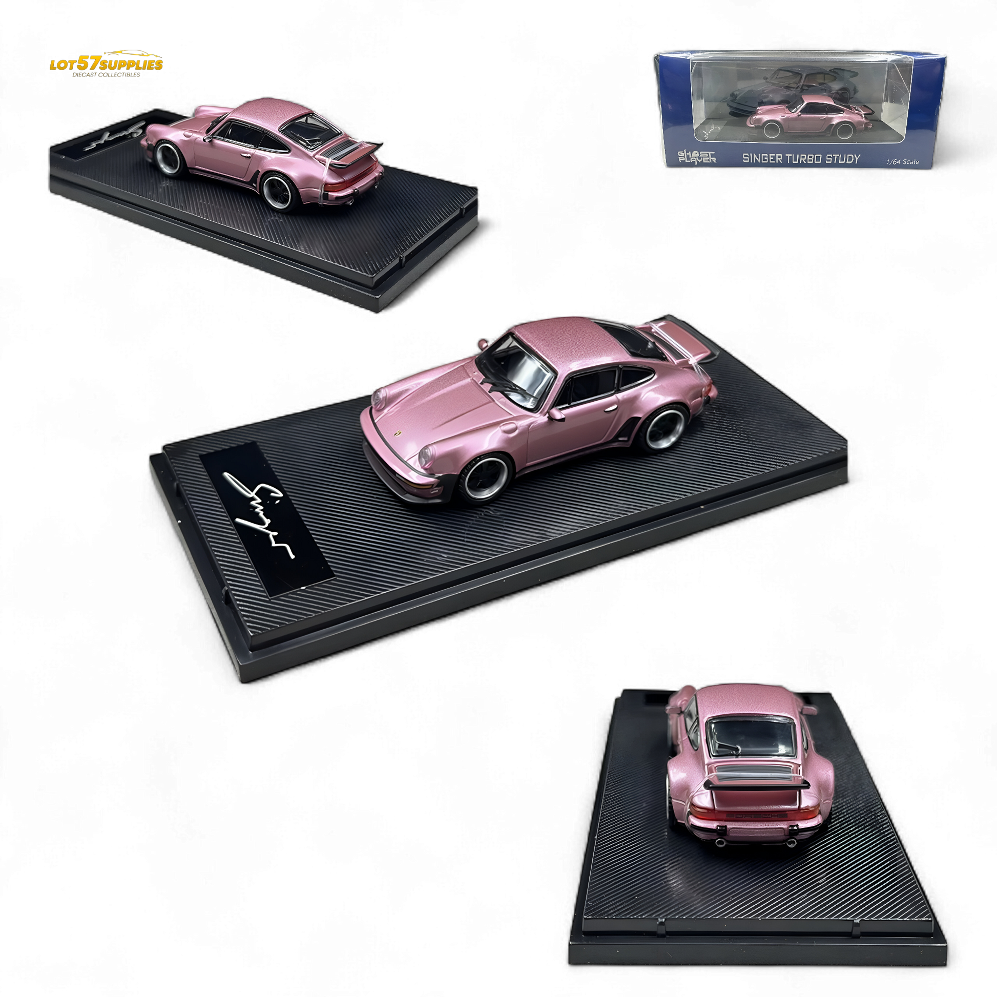 Pink Porsche 930 Singer diecast model by HobbyFans, detailed 1:64 scale collectible car with vibrant finish.