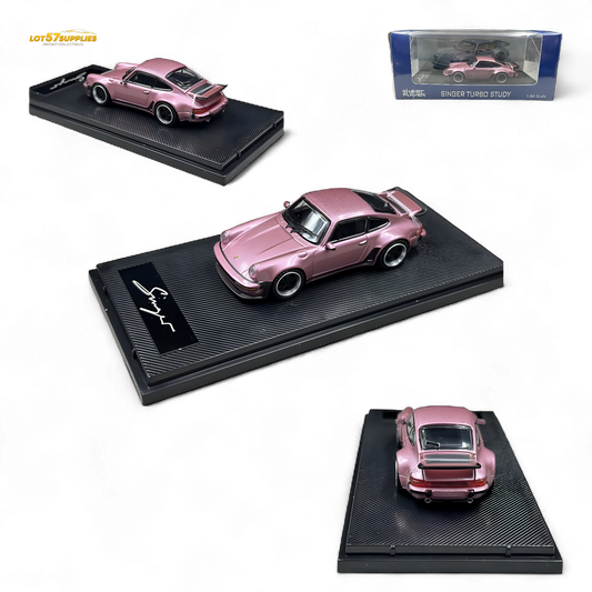 Pink Porsche 930 Singer diecast model by HobbyFans, detailed 1:64 scale collectible car with vibrant finish.