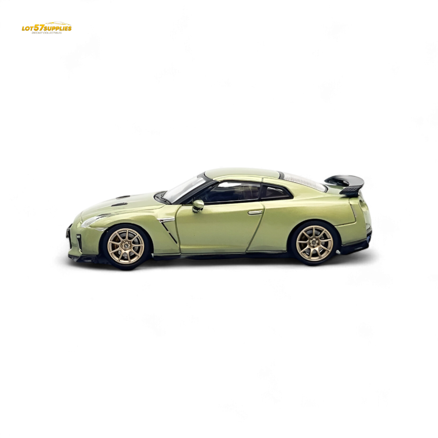 Nissan Skyline GT-R R35 diecast model in Millennium Jade color, 1:64 scale by Inno64, detailed miniature car on white background