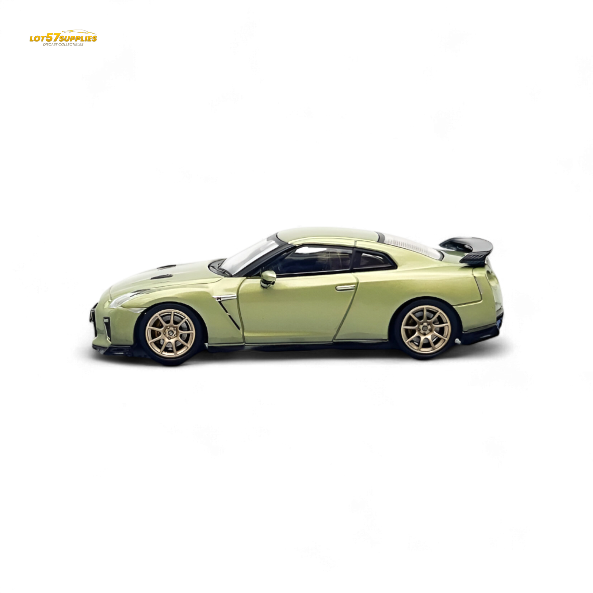 Nissan Skyline GT-R R35 diecast model in Millennium Jade color, 1:64 scale by Inno64, detailed miniature car on white background