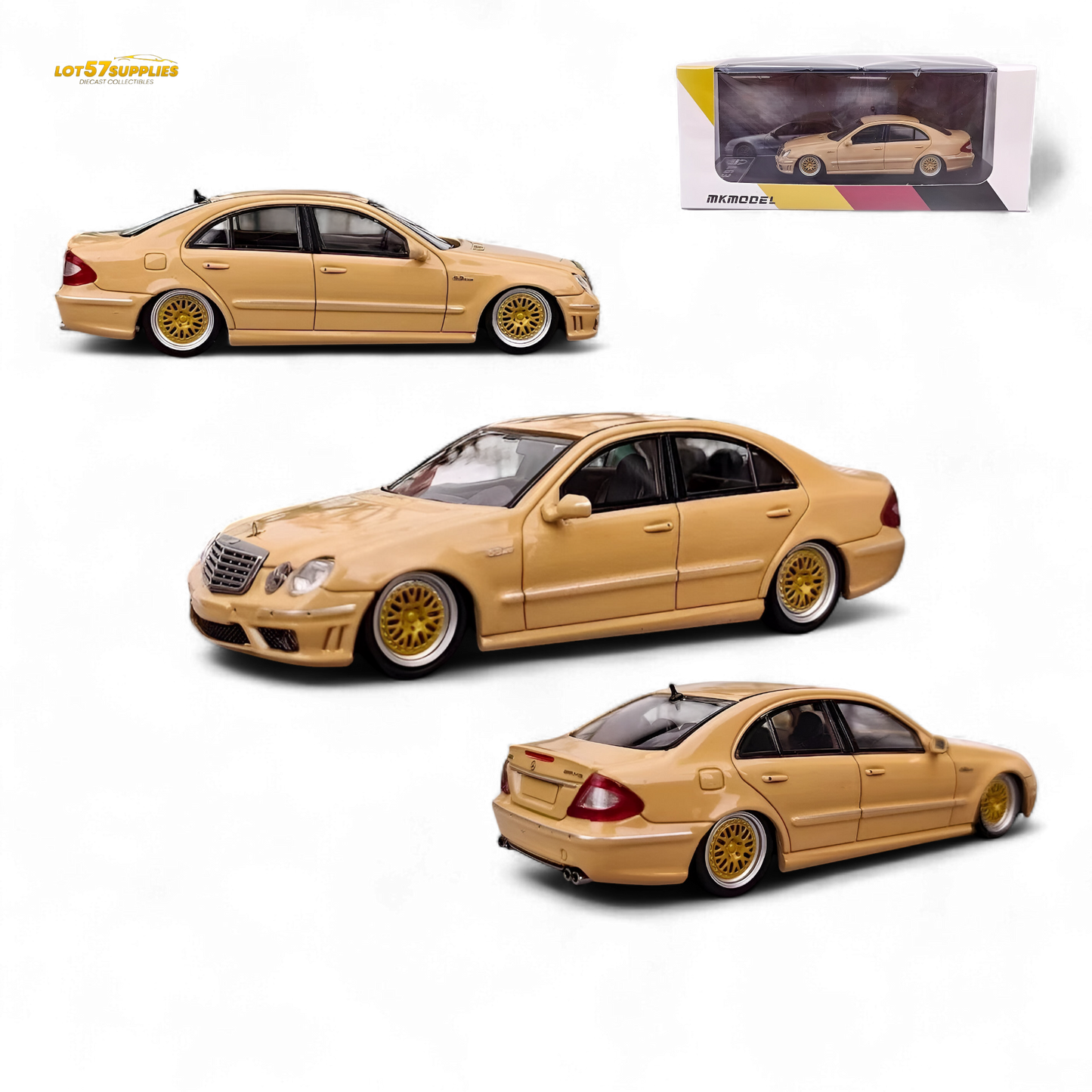 Desert yellow Mercedes-Benz E63 AMG W211 diecast model by Lot57Supplies, detailed 1:64 scale Mercedes-Benz car.
