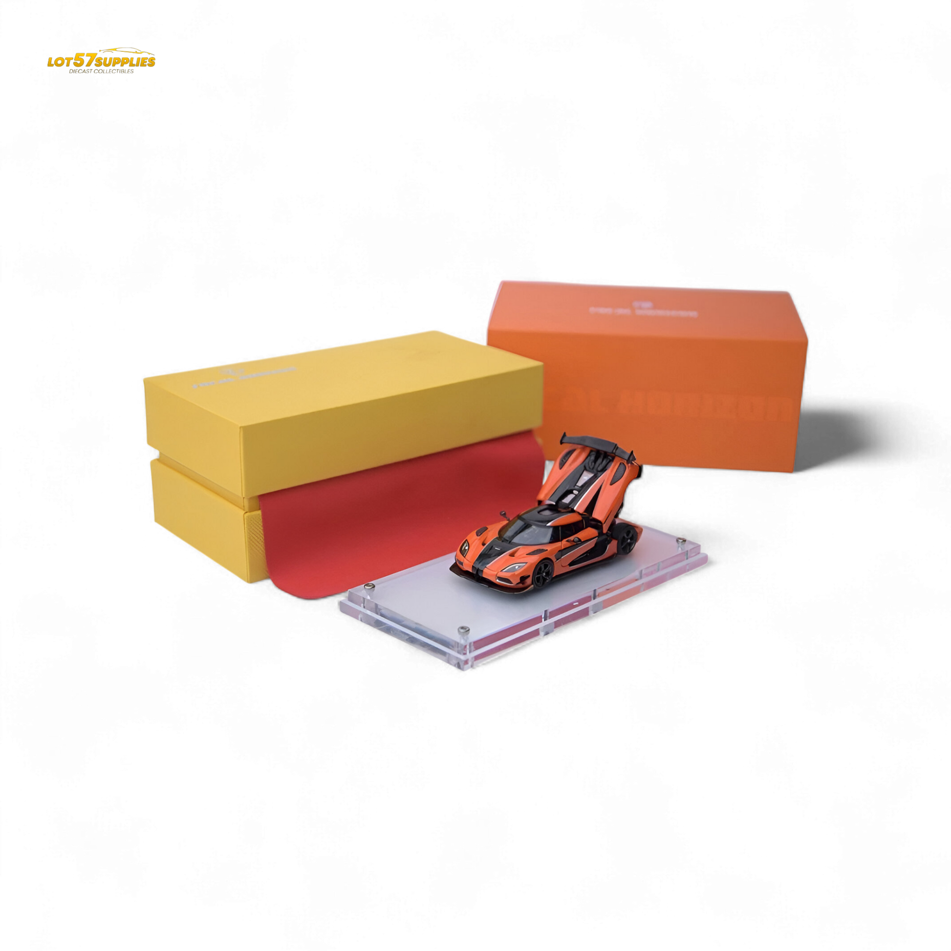 Orange Focal Horizon Agera RS Pagani diecast model in 1:64 scale, detailed Lot57Supplies Diecast Shop collectible image.