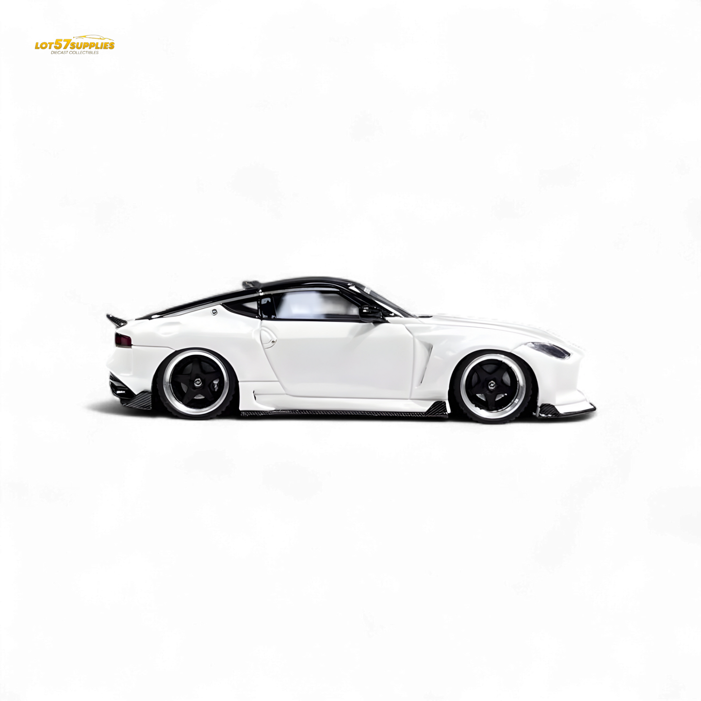 White Nissan 400Z diecast model car in 1:64 scale by Lot57Supplies Diecast Shop, detailed miniature vehicle for collectors.