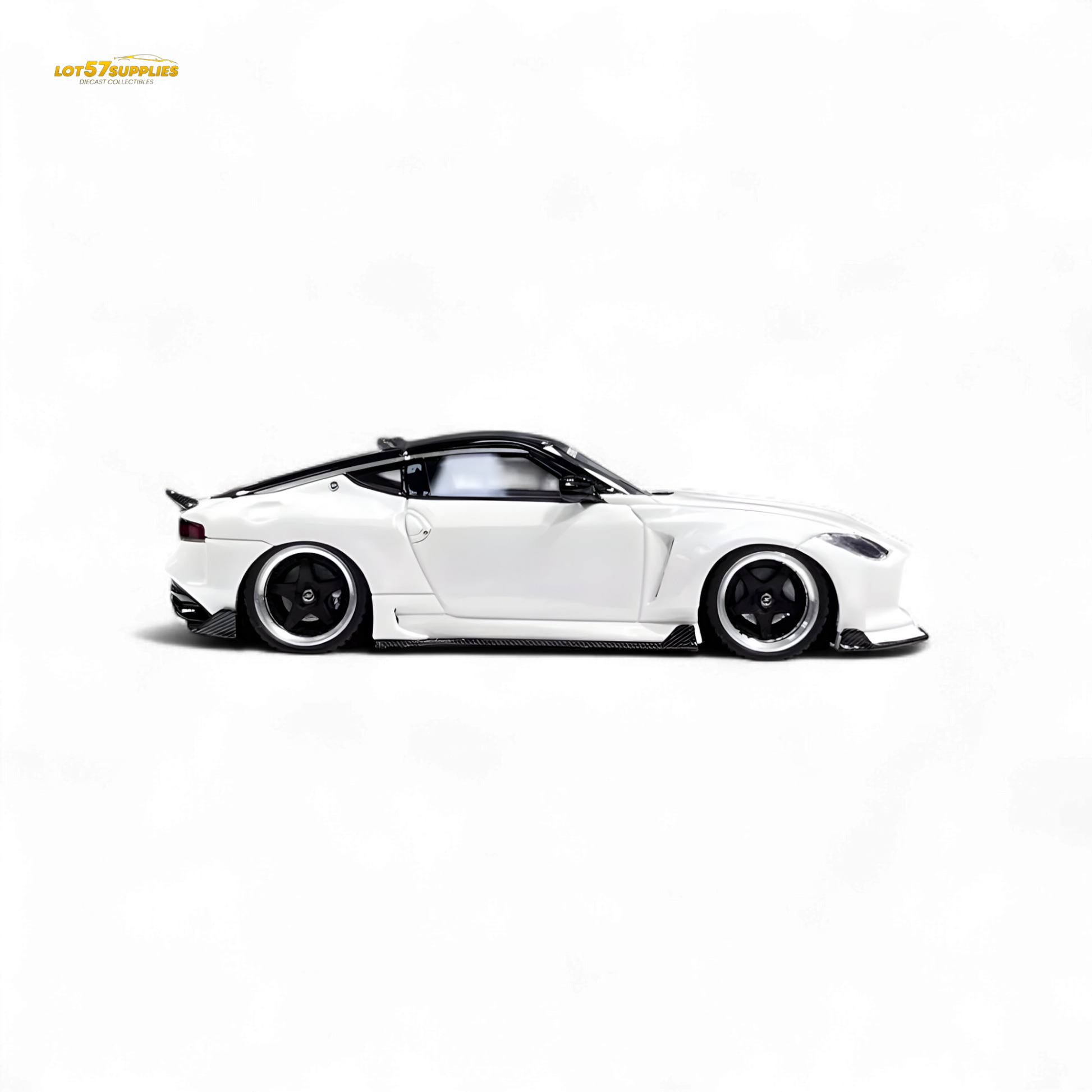 White Nissan 400Z diecast model car in 1:64 scale by Lot57Supplies Diecast Shop, detailed miniature vehicle for collectors.