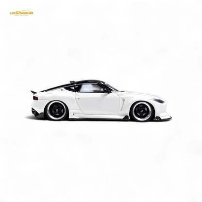 White Nissan 400Z diecast model car in 1:64 scale by Lot57Supplies Diecast Shop, detailed miniature vehicle for collectors.
