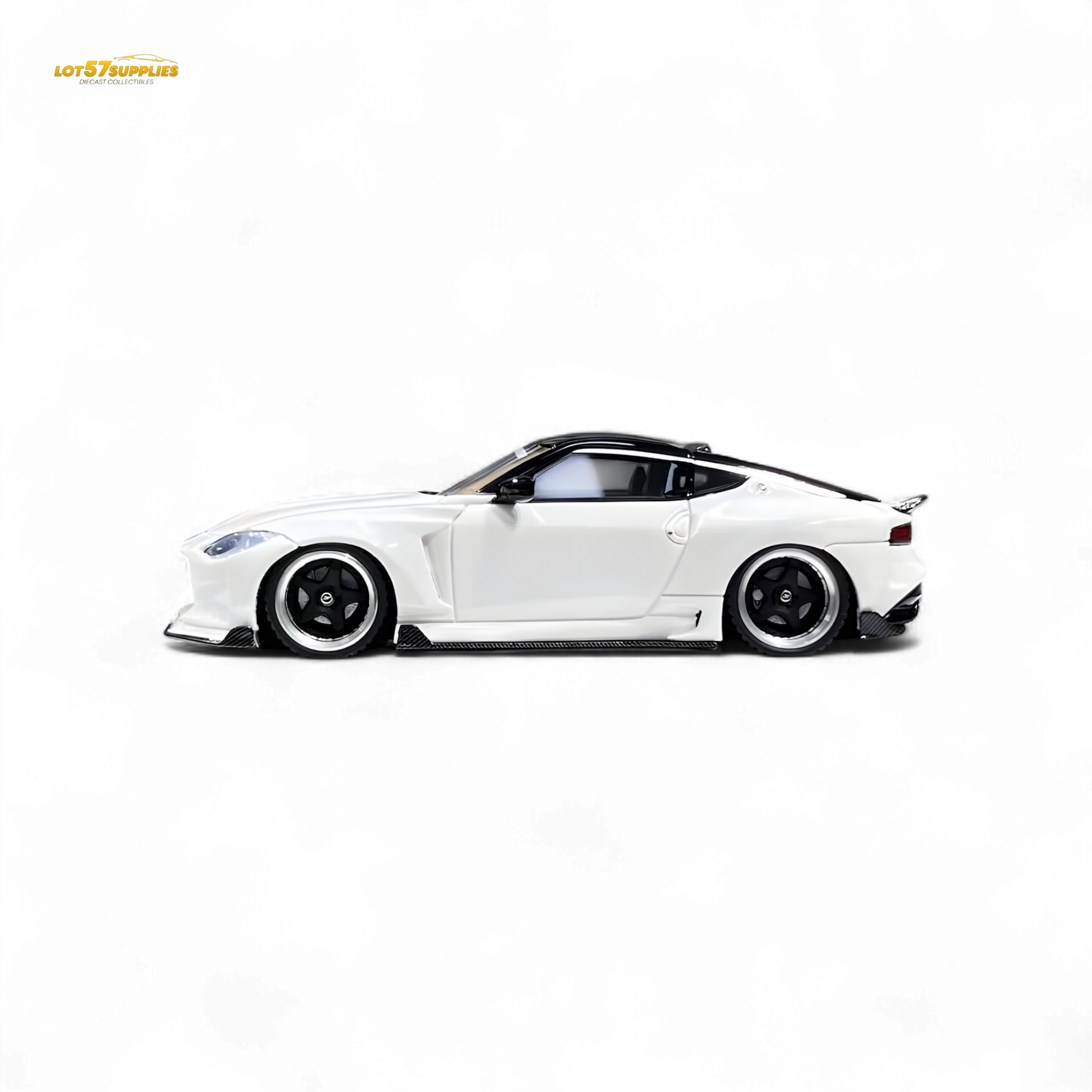 White Nissan 400Z diecast model car in 1:64 scale by Lot57Supplies Diecast Shop, detailed miniature vehicle with Nissan branding.