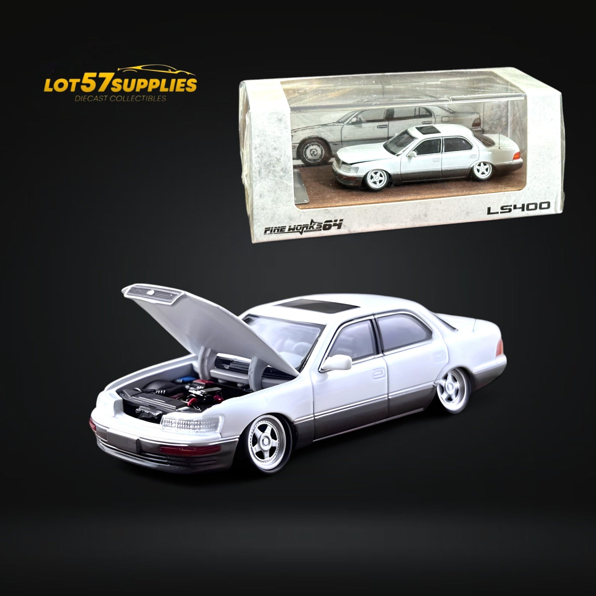 White and gray 1:64 scale Lexus LS400 diecast model with double stance, detailed features, by Lot57Supplies Diecast Shop.