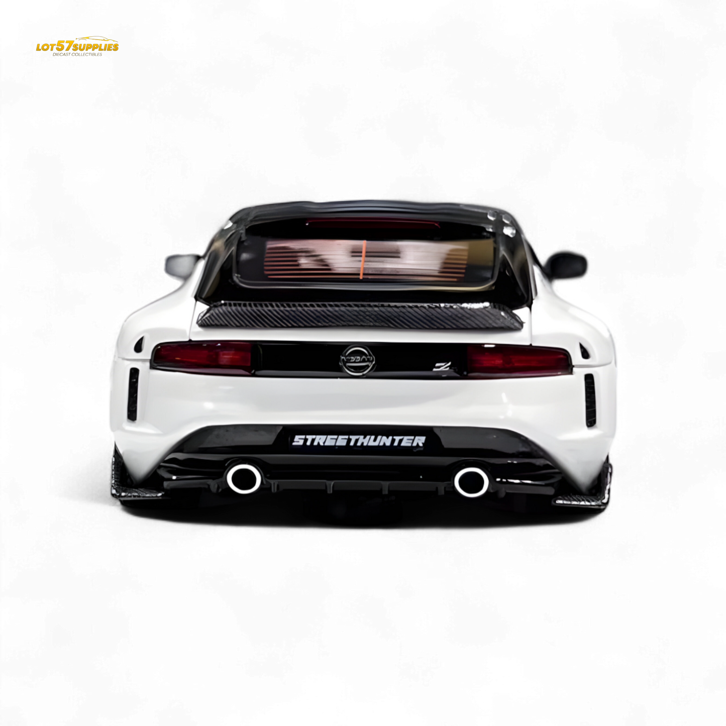 White Nissan 400Z diecast model in 1:64 scale by Lot57Supplies Diecast Shop, detailed miniature car perfect for collectors.