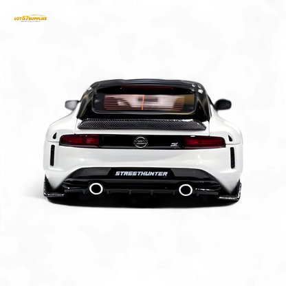 White Nissan 400Z diecast model in 1:64 scale by Lot57Supplies Diecast Shop, detailed miniature car perfect for collectors.