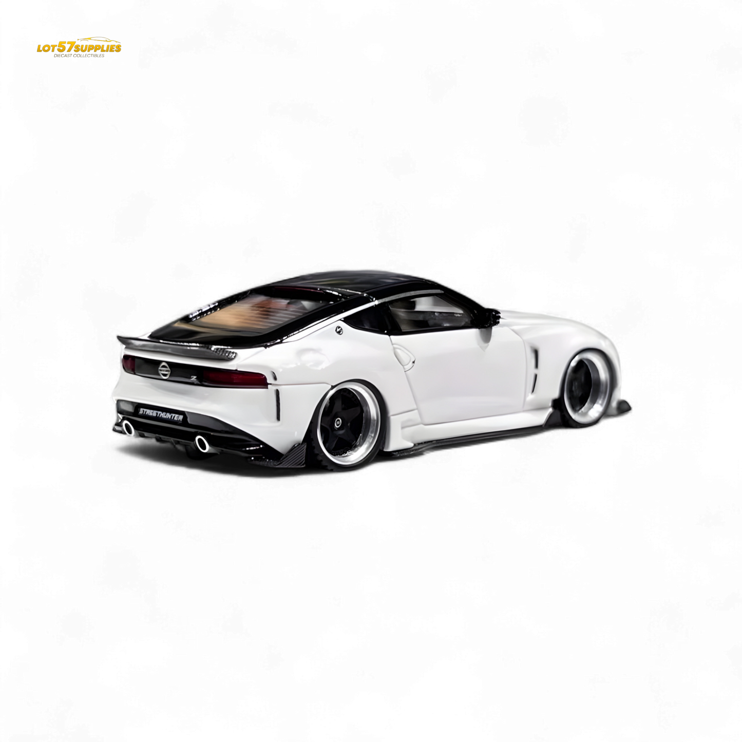 White Nissan 400Z diecast model by Lot57Supplies, 1:64 scale, detailed miniature car for collection or display.