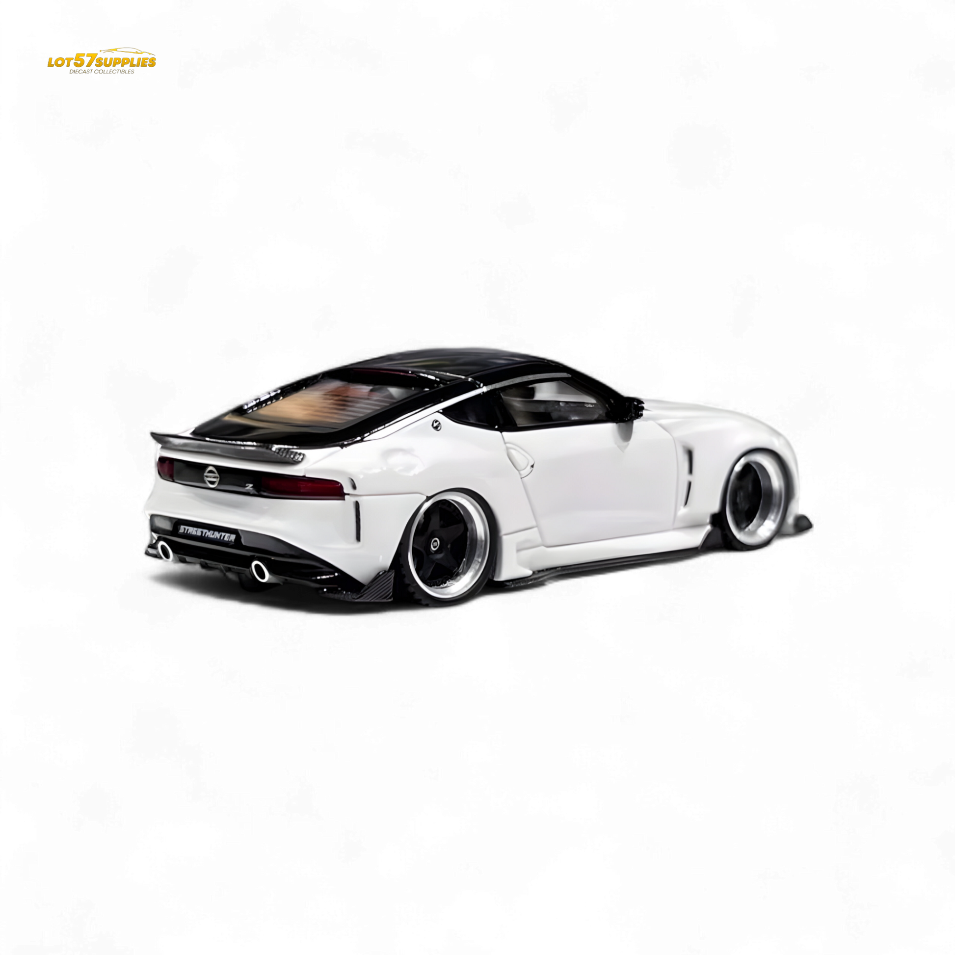 White Nissan 400Z diecast model by Lot57Supplies, 1:64 scale, detailed miniature car for collection or display.