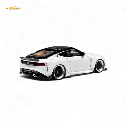 White Nissan 400Z diecast model by Lot57Supplies, 1:64 scale, detailed miniature car for collection or display.