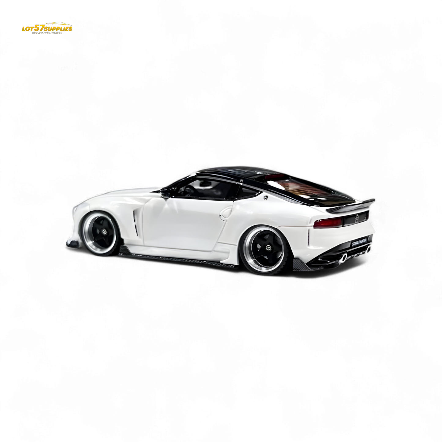 White Nissan 400Z diecast model in 1:64 scale by Lot57Supplies Diecast Shop, detailed miniature of the Nissan sports car.