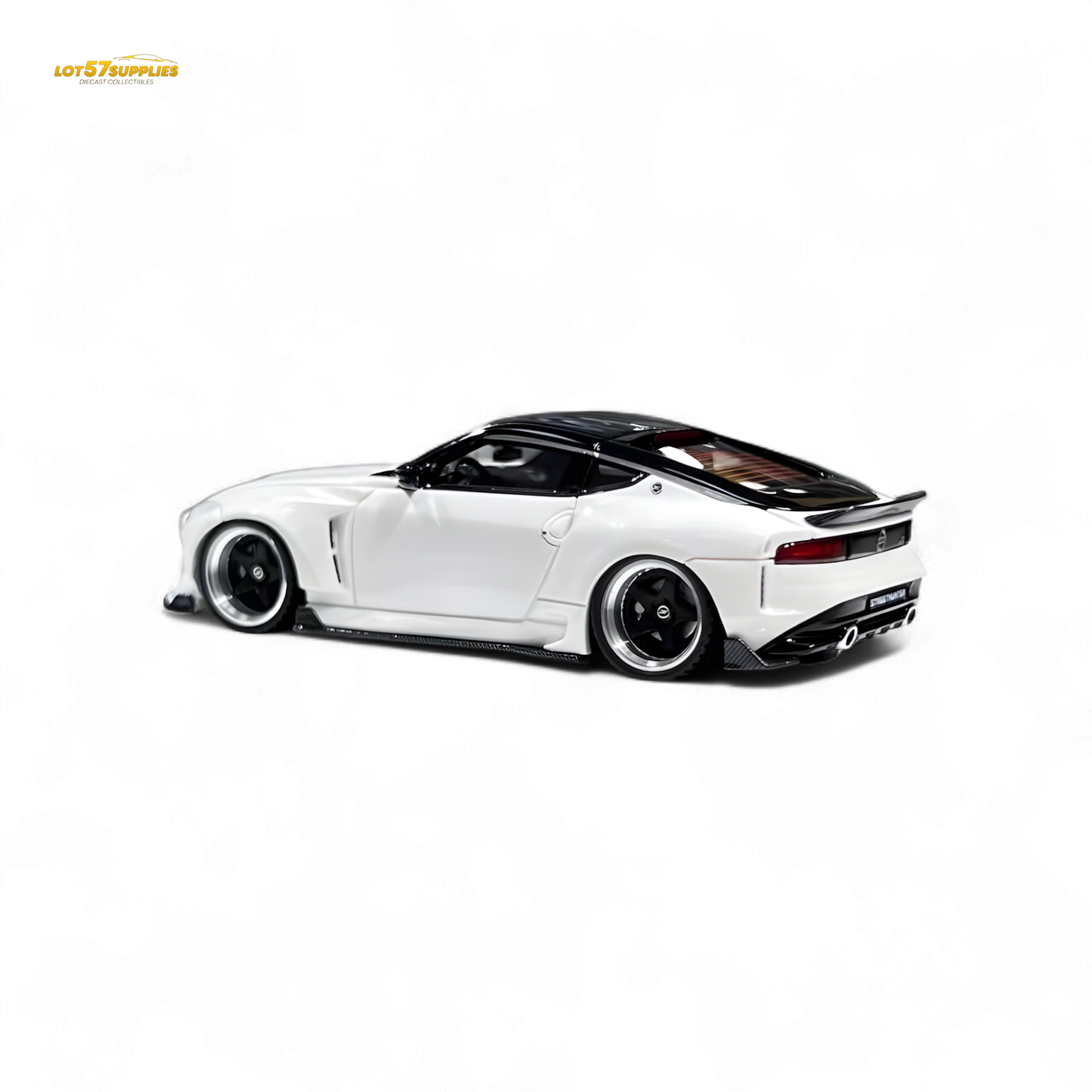 White Nissan 400Z diecast model in 1:64 scale by Lot57Supplies Diecast Shop, detailed miniature of the Nissan sports car.