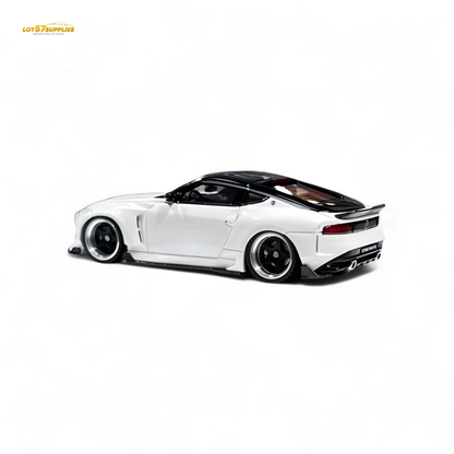 White Nissan 400Z diecast model in 1:64 scale by Lot57Supplies Diecast Shop, detailed miniature of the Nissan sports car.