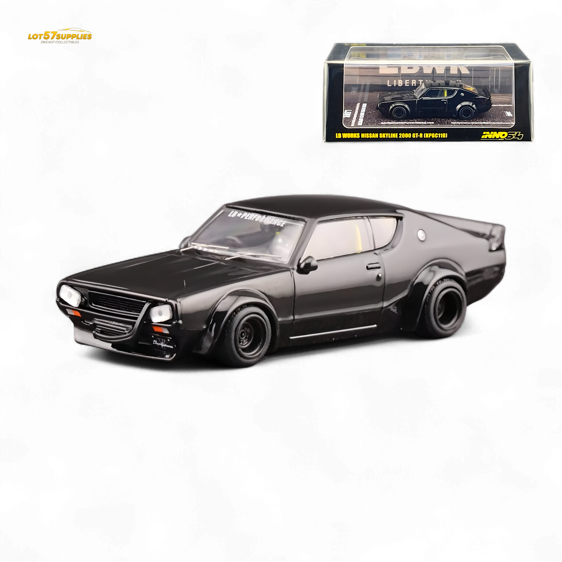 Black 1:64 scale Nissan Skyline 2000 GT-R KPGC110 Kenmeri diecast model by Lot57Supplies Diecast Shop.