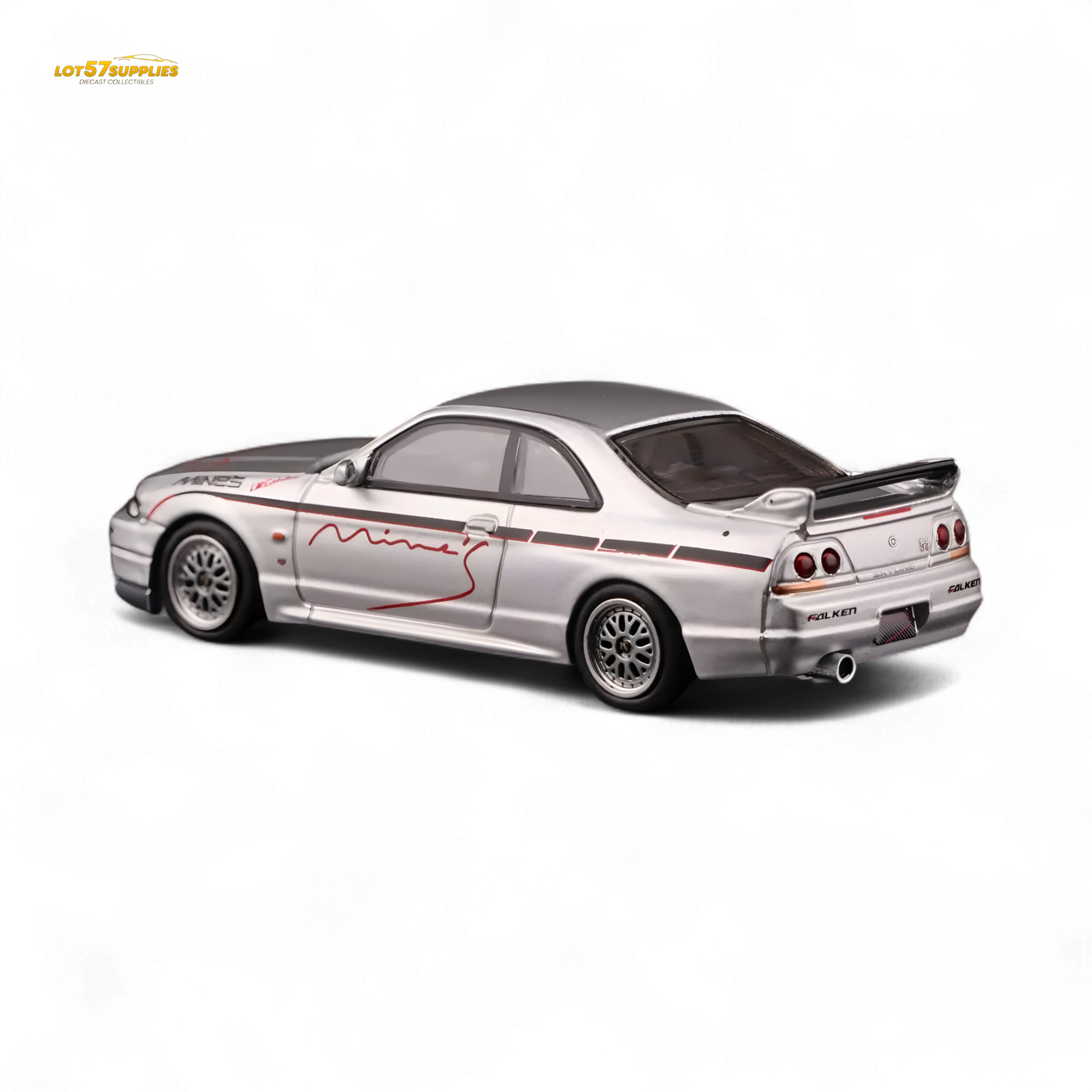Silver Inno64 Nissan Skyline GT-R R33 diecast model, tuned by Mine's, detailed 1:64 scale Nissan car for collectors.