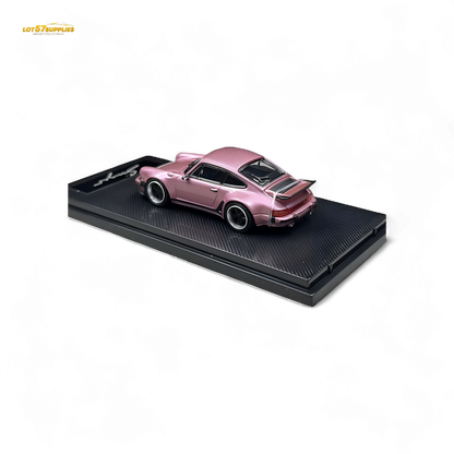 Pink Porsche 930 Singer diecast model in 1:64 scale by HobbyFans, featuring detailed exterior and vibrant finish.