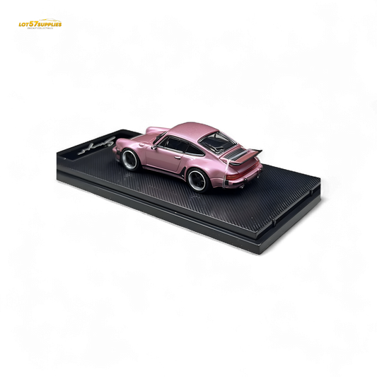 Pink Porsche 930 Singer diecast model in 1:64 scale by HobbyFans, featuring detailed exterior and vibrant finish.