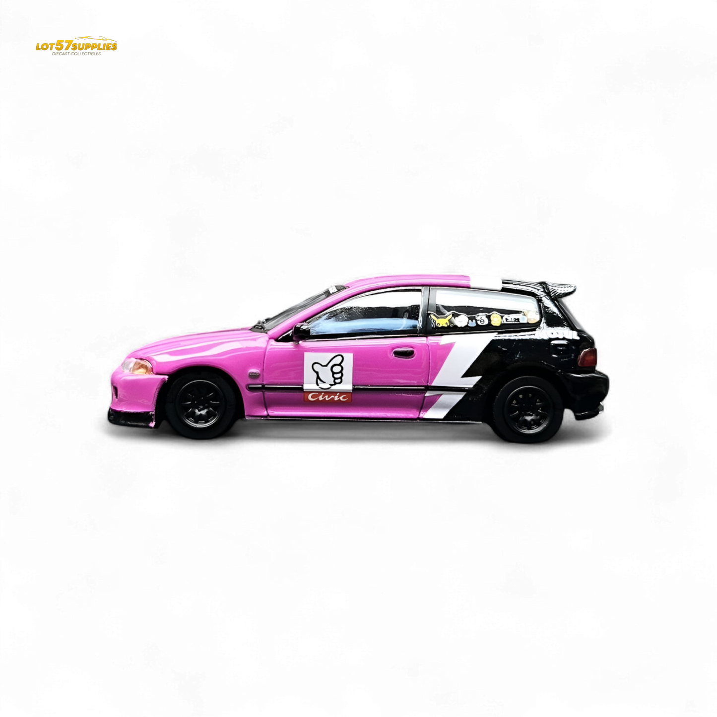 Pink Honda Civic EG6 diecast model by No Good Racing, 1:64 scale, featuring detailed exterior from Lot57Supplies Diecast Shop