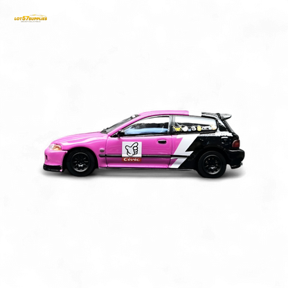Pink Honda Civic EG6 diecast model by No Good Racing, 1:64 scale, featuring detailed exterior from Lot57Supplies Diecast Shop
