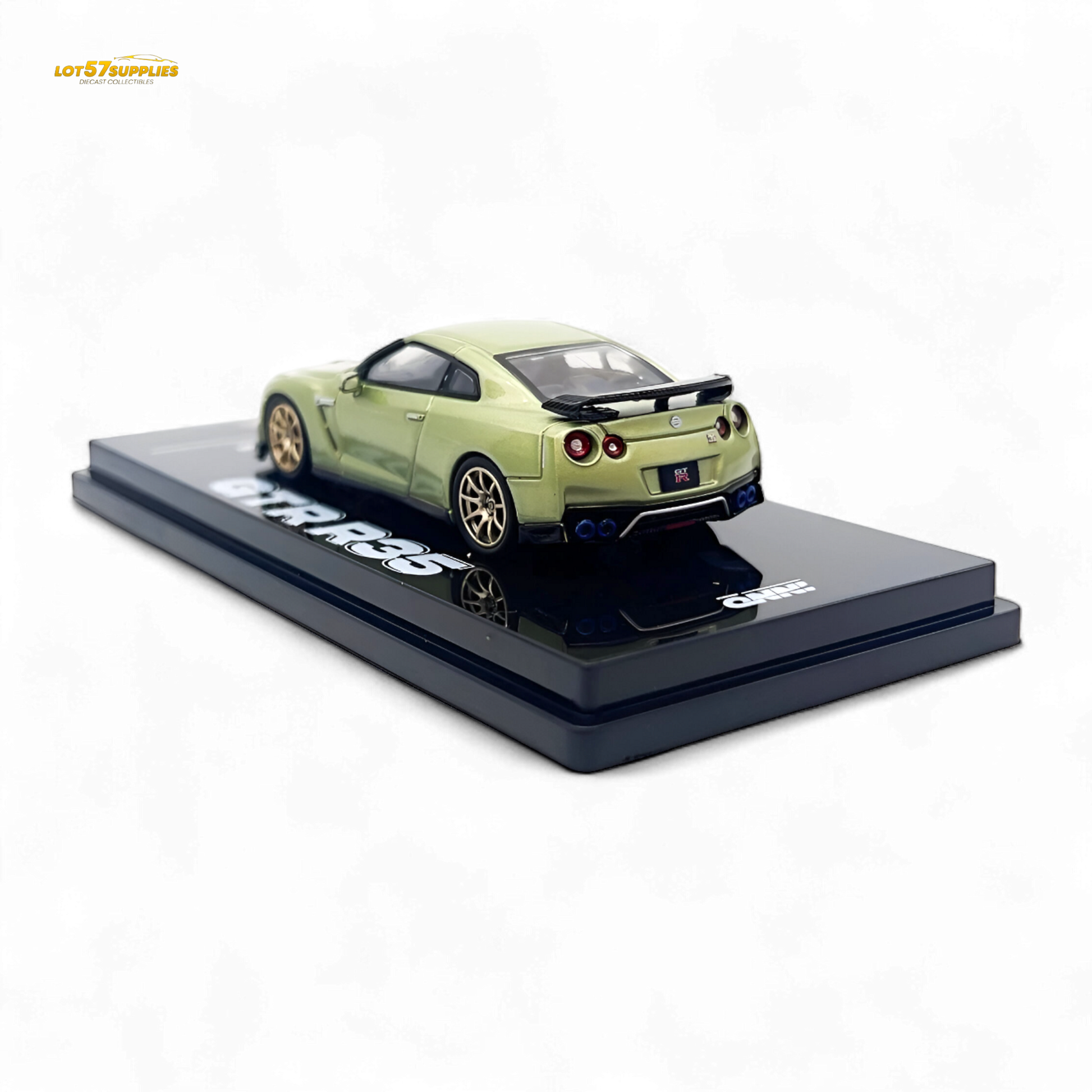 Inno64 Nissan Skyline GT-R R35 diecast model in Millennium Jade, detailed 1:64 scale car showcasing sleek design and vibrant color.
