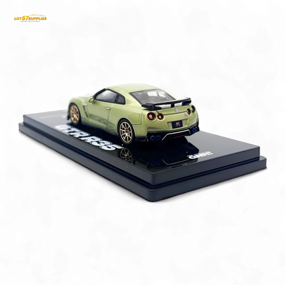 Inno64 Nissan Skyline GT-R R35 diecast model in Millennium Jade, detailed 1:64 scale car showcasing sleek design and vibrant color.