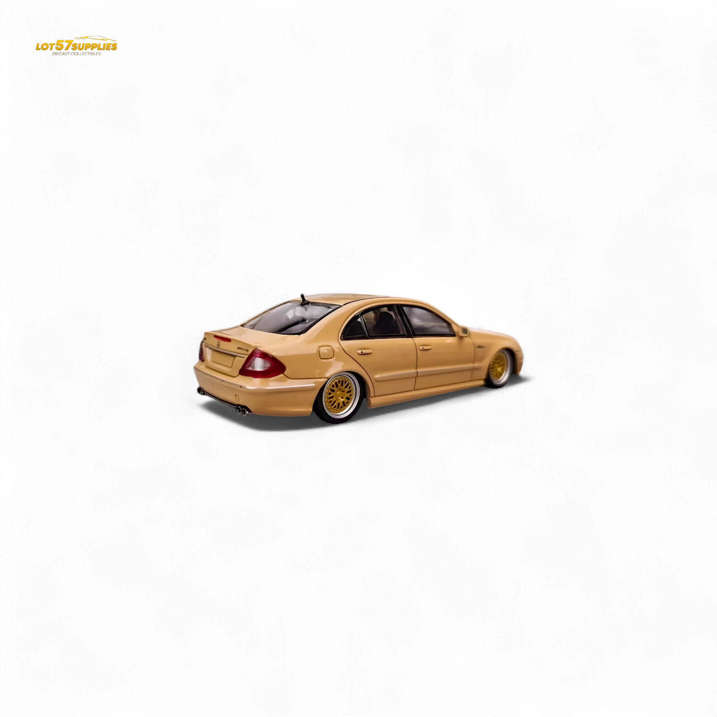 Desert yellow Mercedes-Benz E63 AMG W211 diecast model car in 1:64 scale by Lot57Supplies Diecast Shop, detailed and realistic.