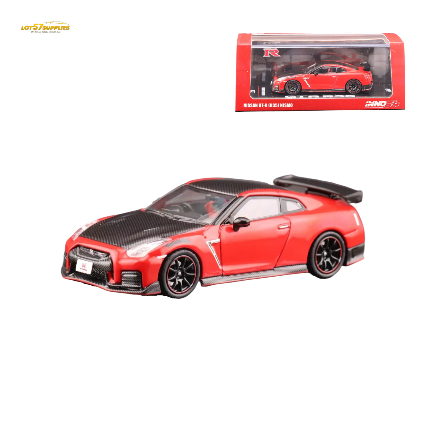 Red Inno64 Nissan GT-R R35 Nismo diecast model car, detailed miniature replica in 1:64 scale from Lot57Supplies Diecast Shop
