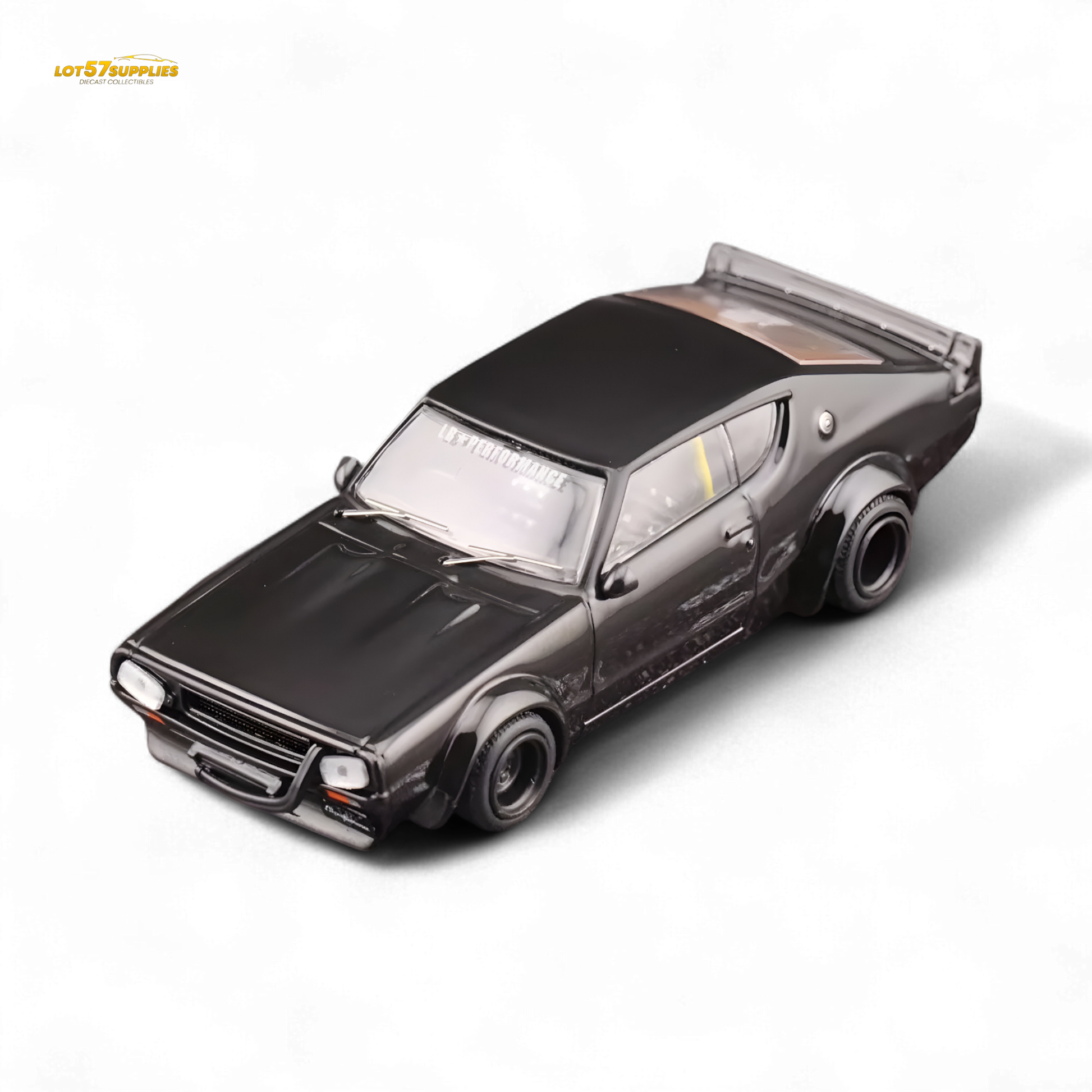 Black Inno64 Nissan Skyline 2000 GT-R KPGC110 Kenmeri diecast model, detailed miniature car in 1:64 scale.