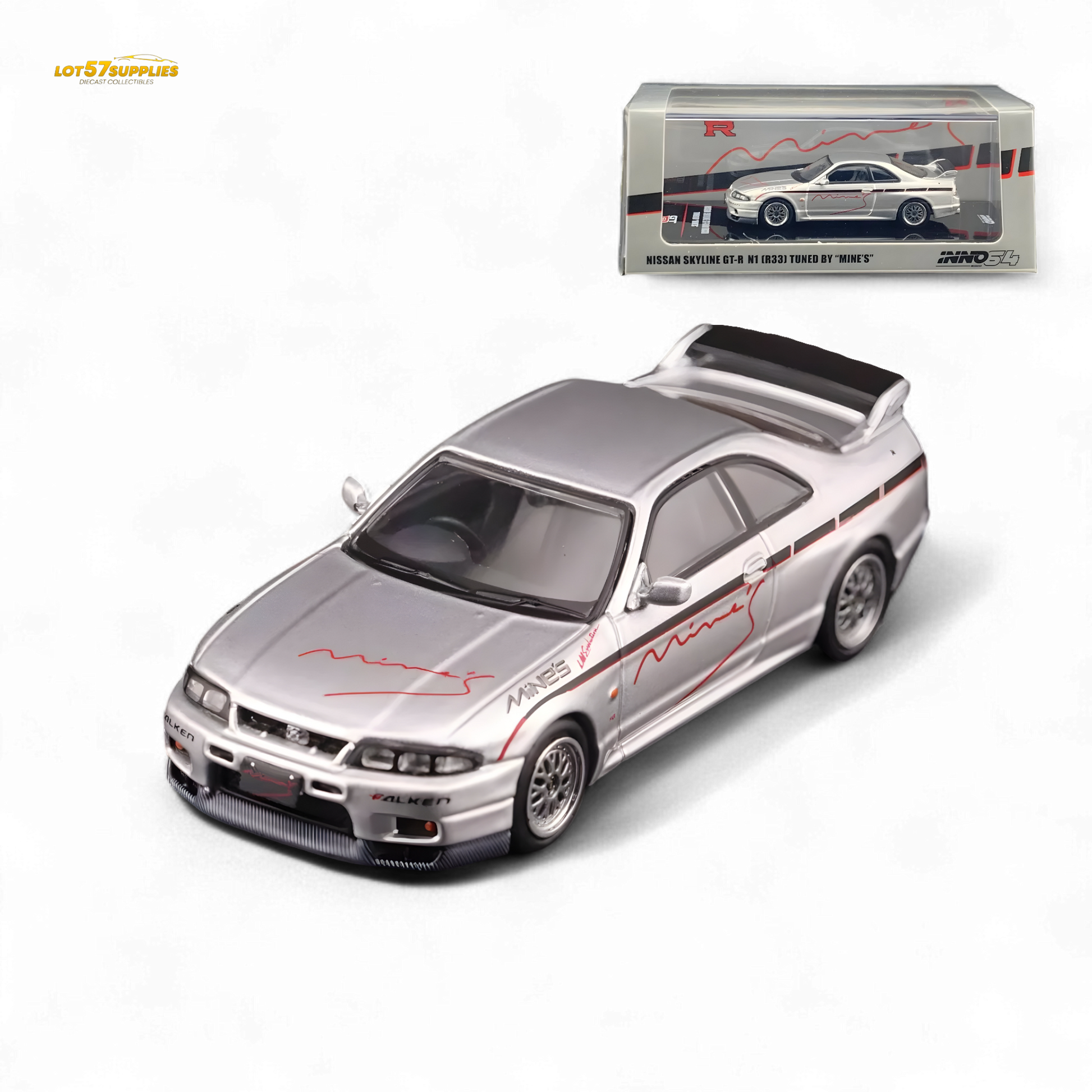 Silver Inno64 Nissan Skyline GT-R R33 diecast model, tuned by Mine's, detailed view showcasing realistic features and branding.