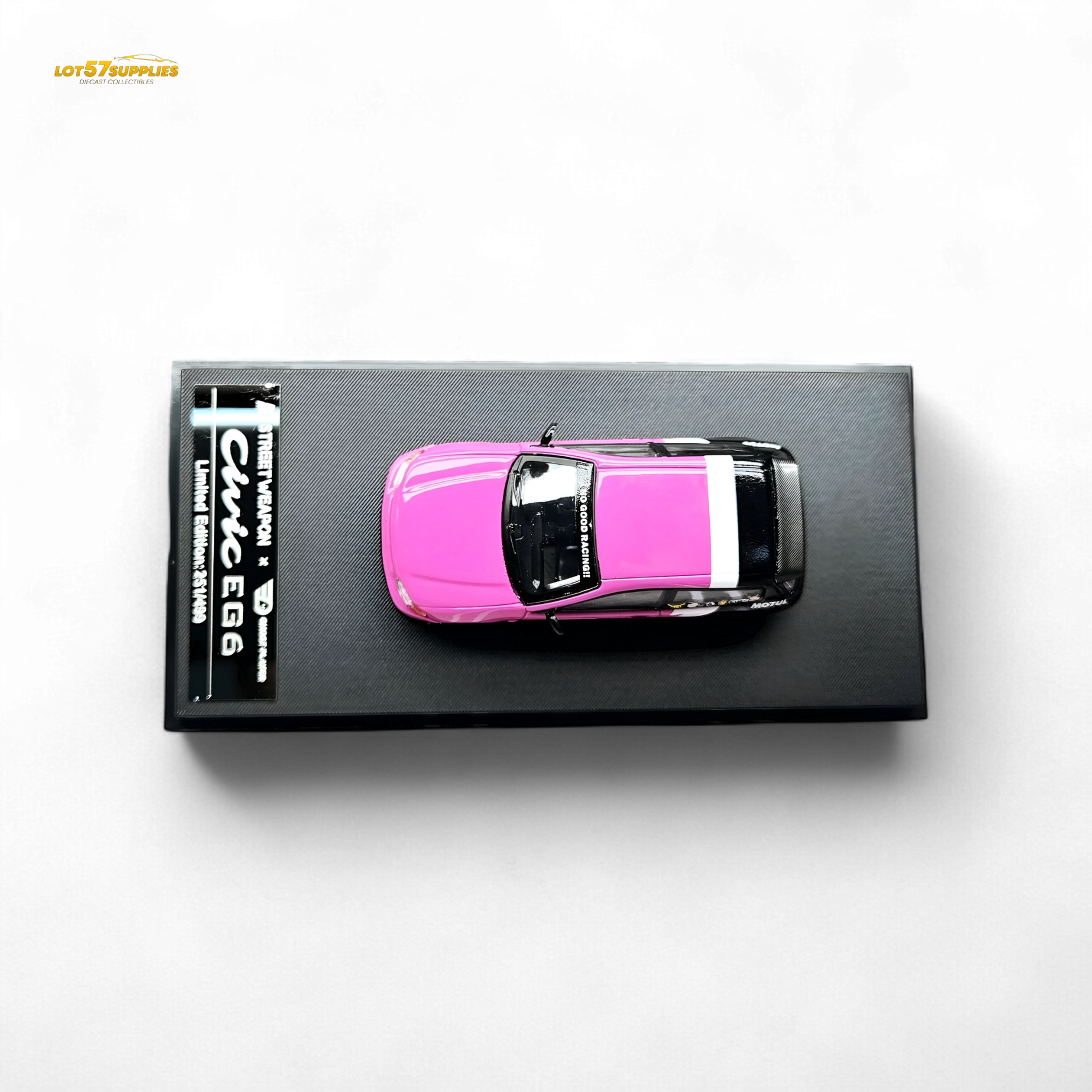 Pink Honda Civic EG6 diecast model by No Good Racing, detailed 1:64 scale vehicle for collectors and car enthusiasts.