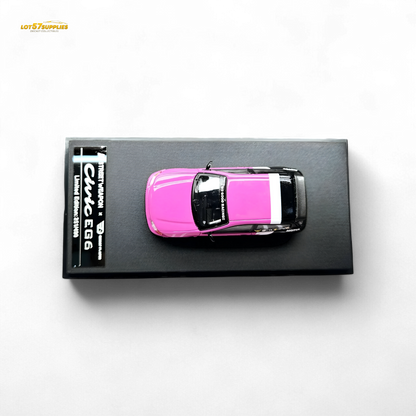 Pink Honda Civic EG6 diecast model by No Good Racing, detailed 1:64 scale vehicle for collectors and car enthusiasts.