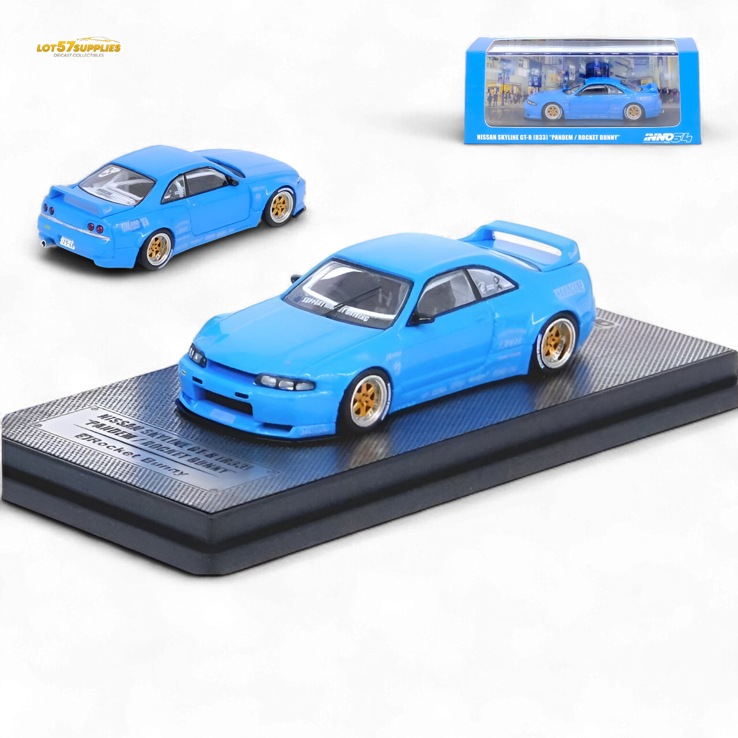 Blue Inno64 Nissan Skyline GT-R R33 diecast model with Pandem Rocket Bunny body kit, detailed miniature car in 1:64 scale