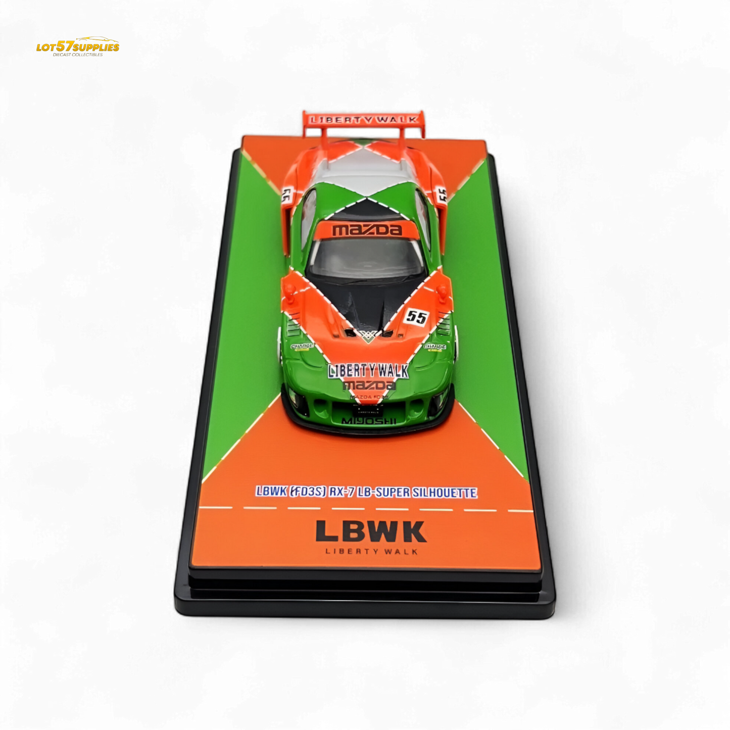 Orange and green Mazda RX-7 LBWK diecast model by Inno64, detailed 1:64 scale car with vibrant color accents.
